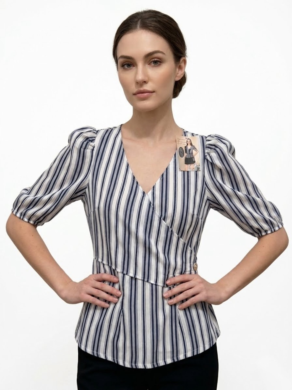 Blue & White Striped Wrap Blouse with Tie Waist